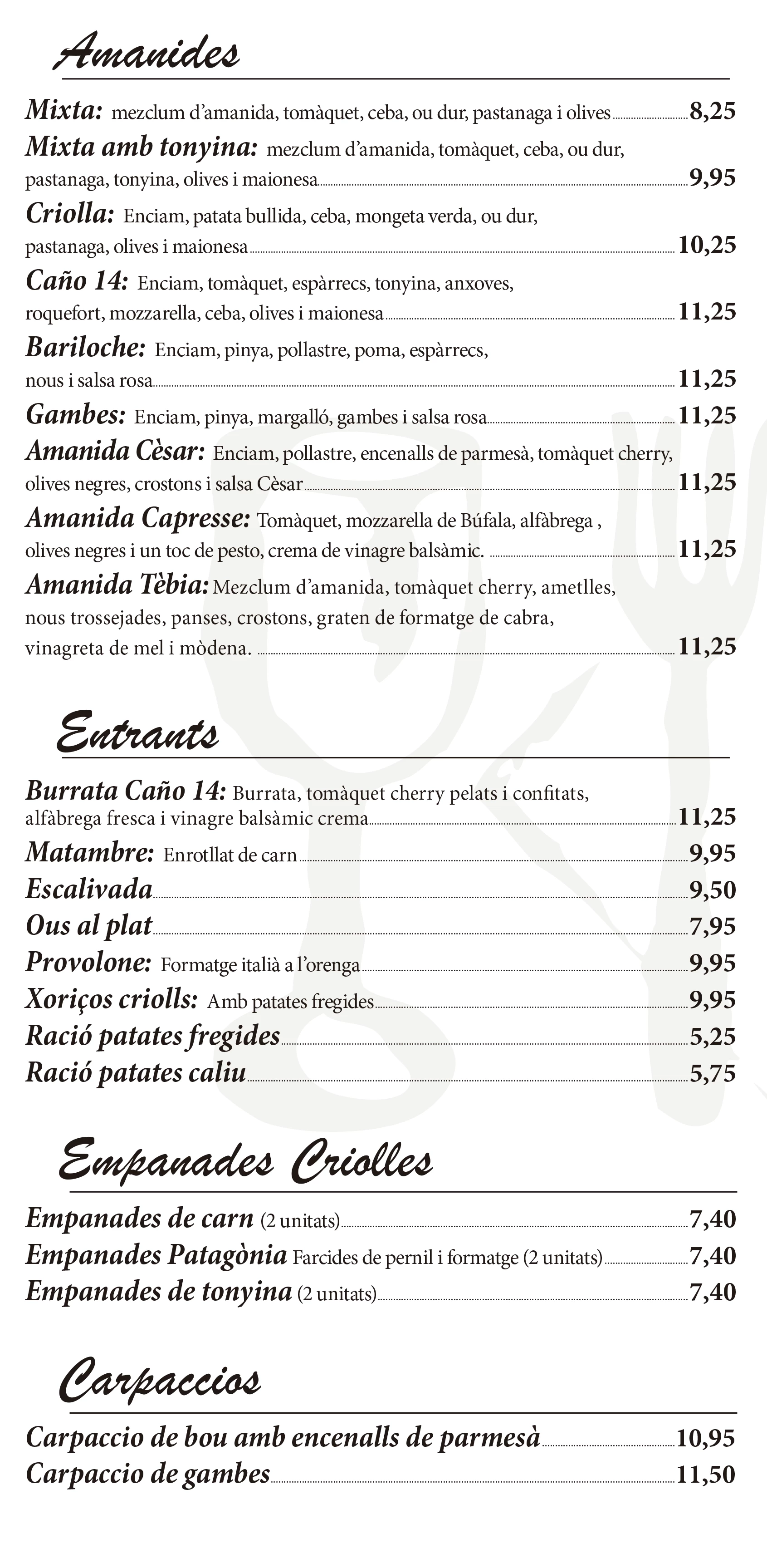 Carta del restaurant Caño 14