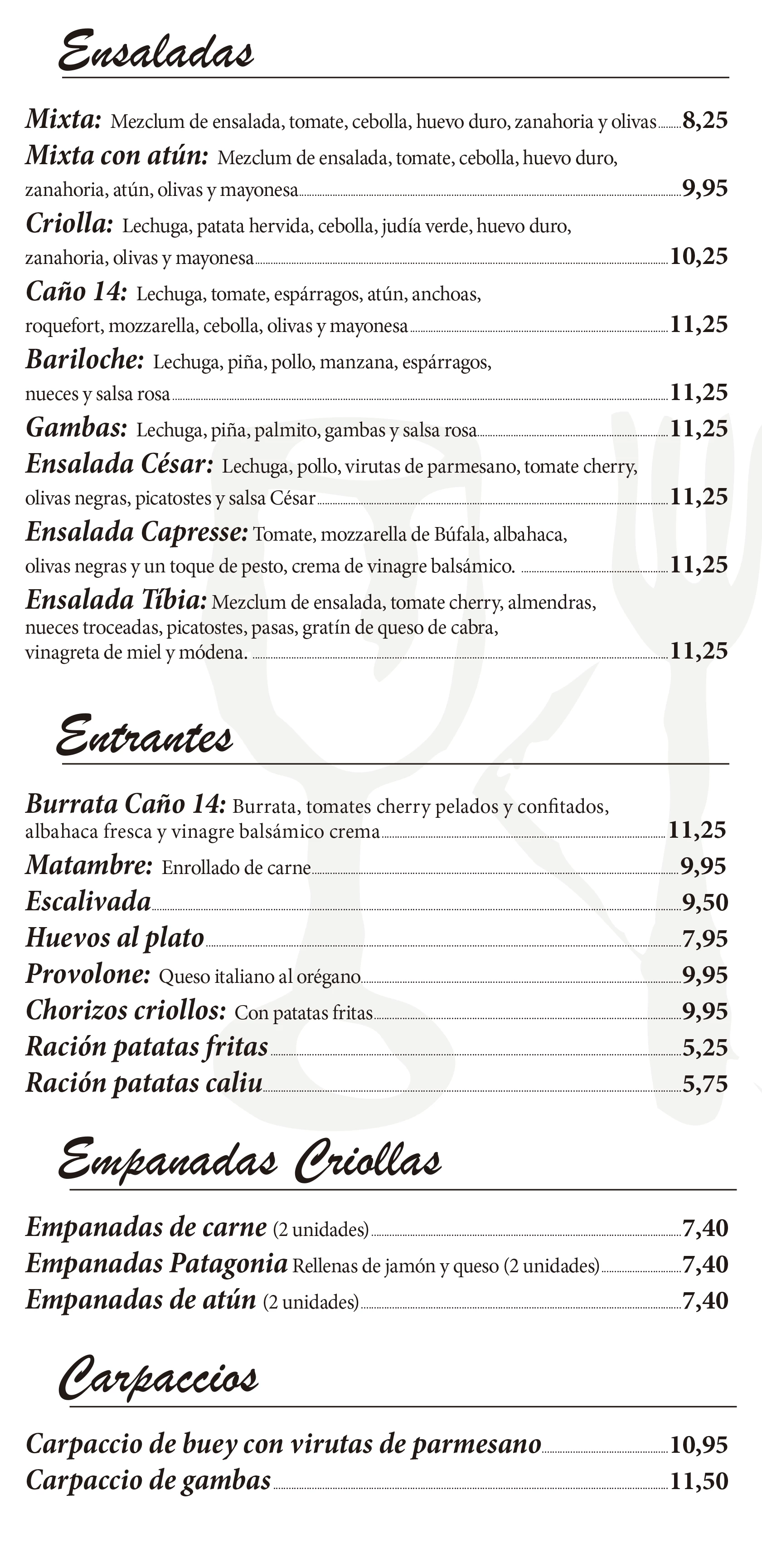 Carta del restaurant Caño 14