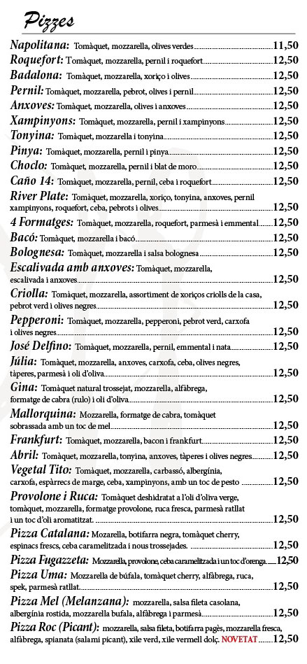 Carta del restaurant Caño 14