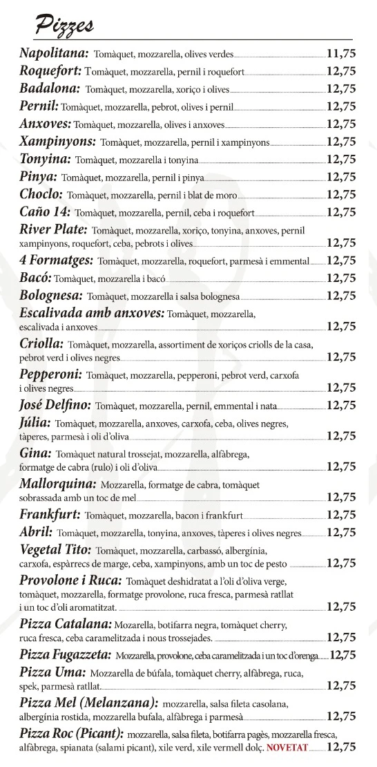 Carta del restaurant Caño 14