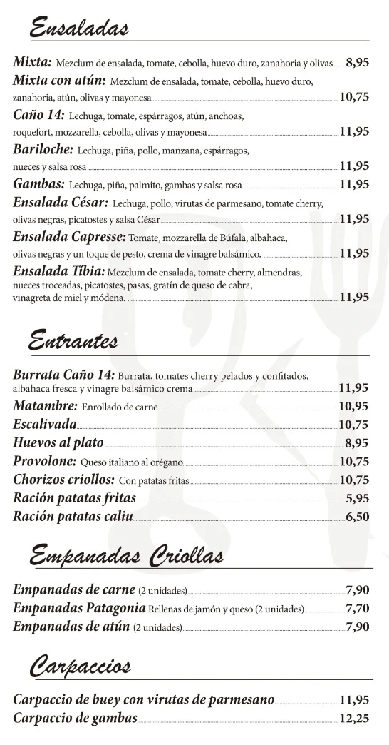 Carta del restaurant Caño 14
