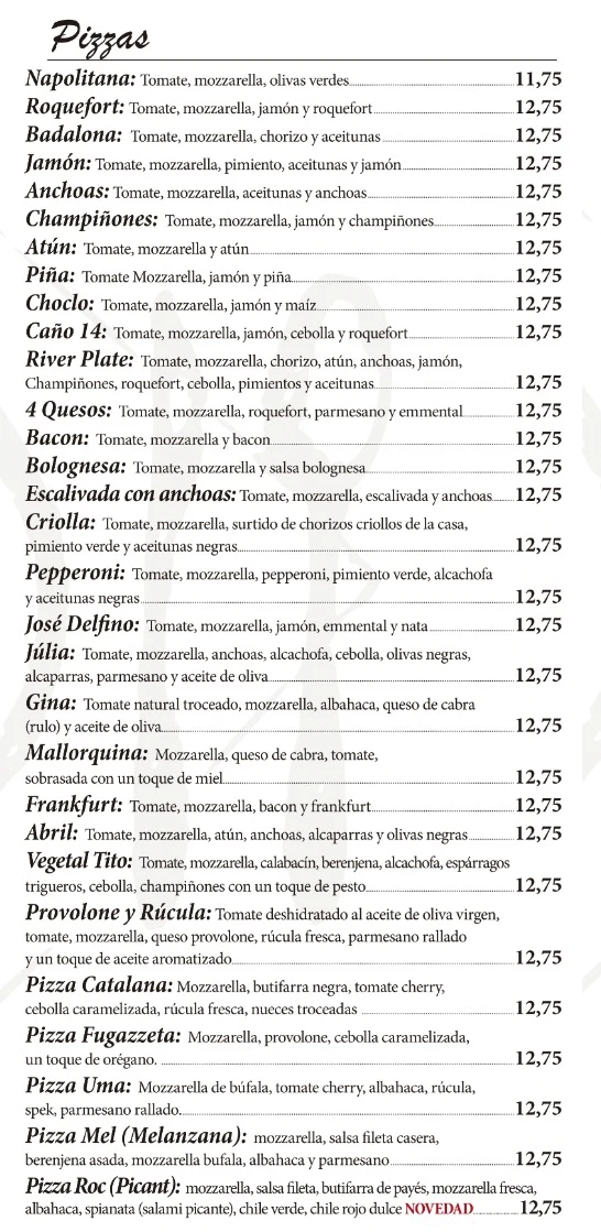 Carta del restaurant Caño 14