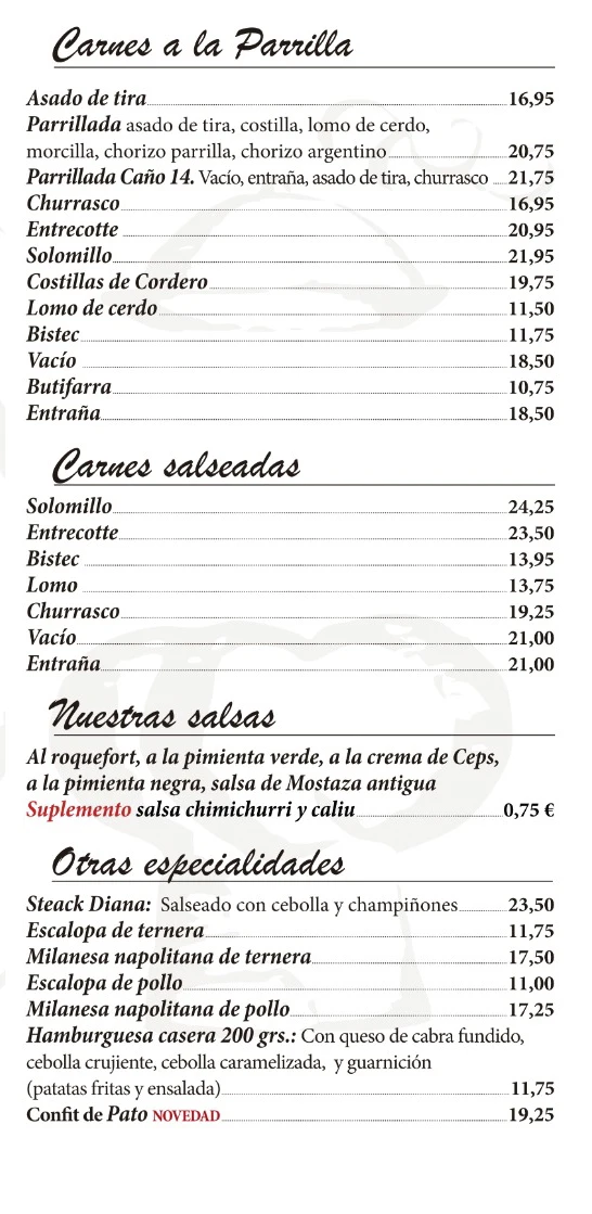 Carta del restaurant Caño 14